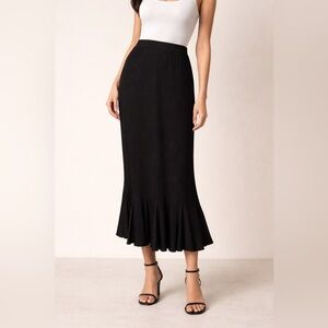 TanJay Black Ribbed Midi Skirt Flowy Hem Stretch Pull-On Office Career Chic